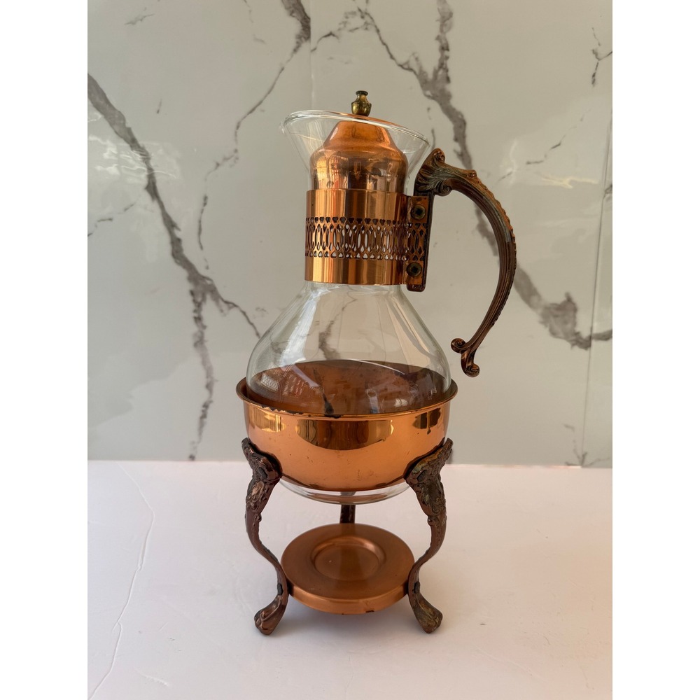 Vintage Glass Carafe with Copper Warmer Stand Ornate Handle Coffee Tea Decanter